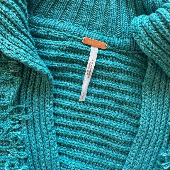 Free People Marlie sweater oversized sz Large L teal turquoise blue ribbed knit - Picture 3 of 8